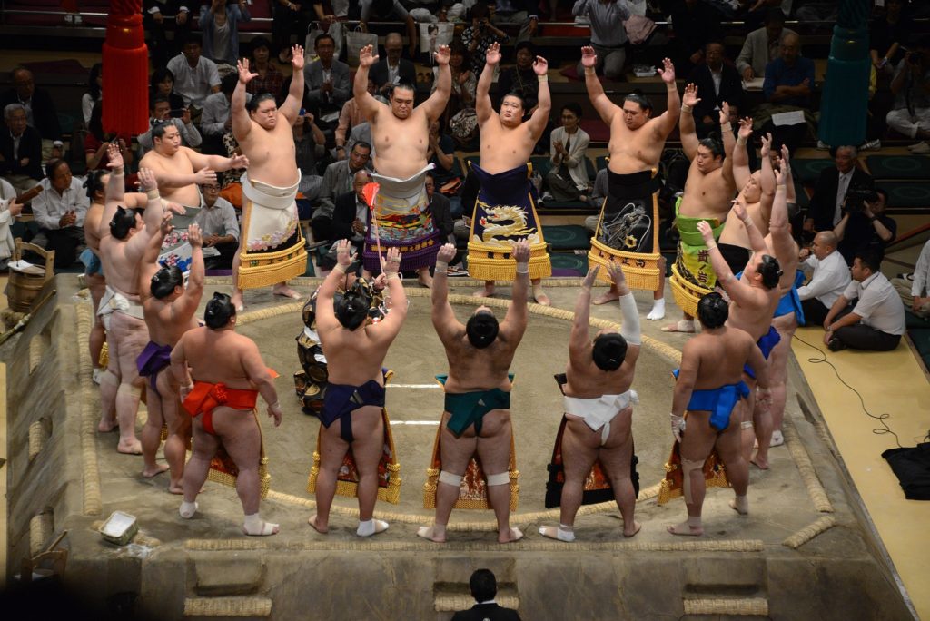 Entrance ceremony of high-rank wrestlers during a tournament.