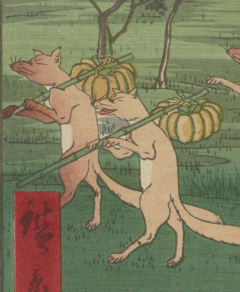 Woodblock print of bipedal foxes carrying pumpkins.
