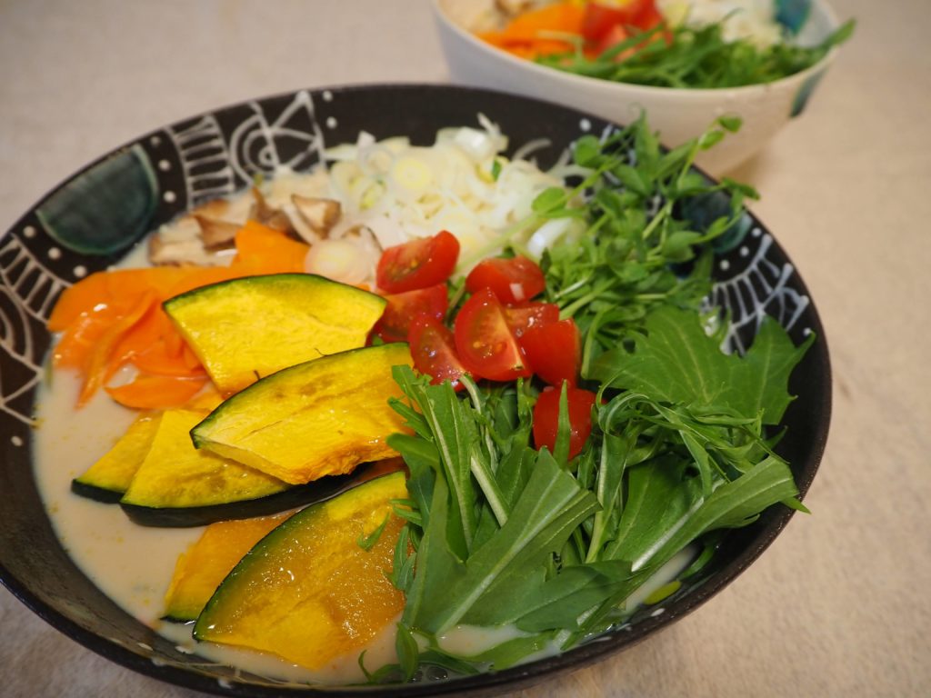 Soy milk soba noodles with grilled kabocha and other toppings.